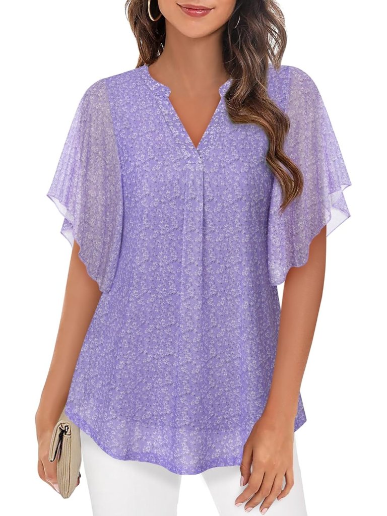 Women's Purple Violet Short Sleeve V Neck Top Blouses Floral Double Layers Shirt